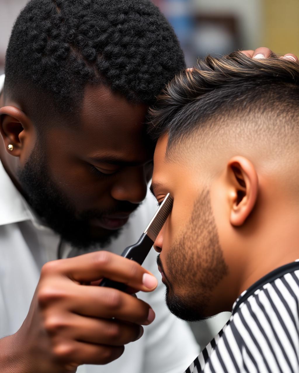 Barber lining a precise hairline