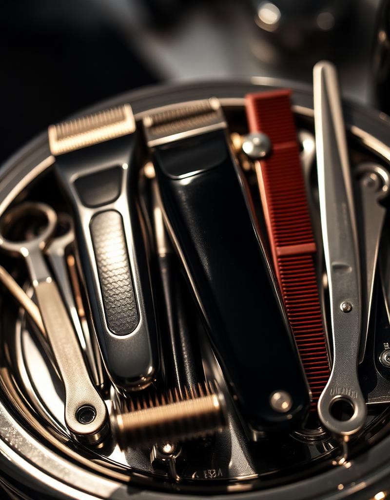 Barber tools on a chrome tray